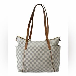 Louis Vuitton Damier Azur Checkered Tote with Brown Leather Straps